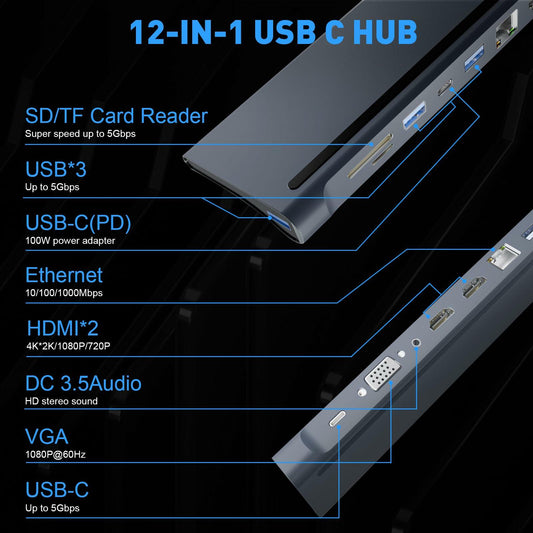 BOVONO USB C Docking Station 12-in-1 Dual 4K HDMI 87W PD USB for Laptop