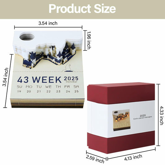 Time Piece 2025 Desk Calendar 3D Carving LED Light Castle Desktop