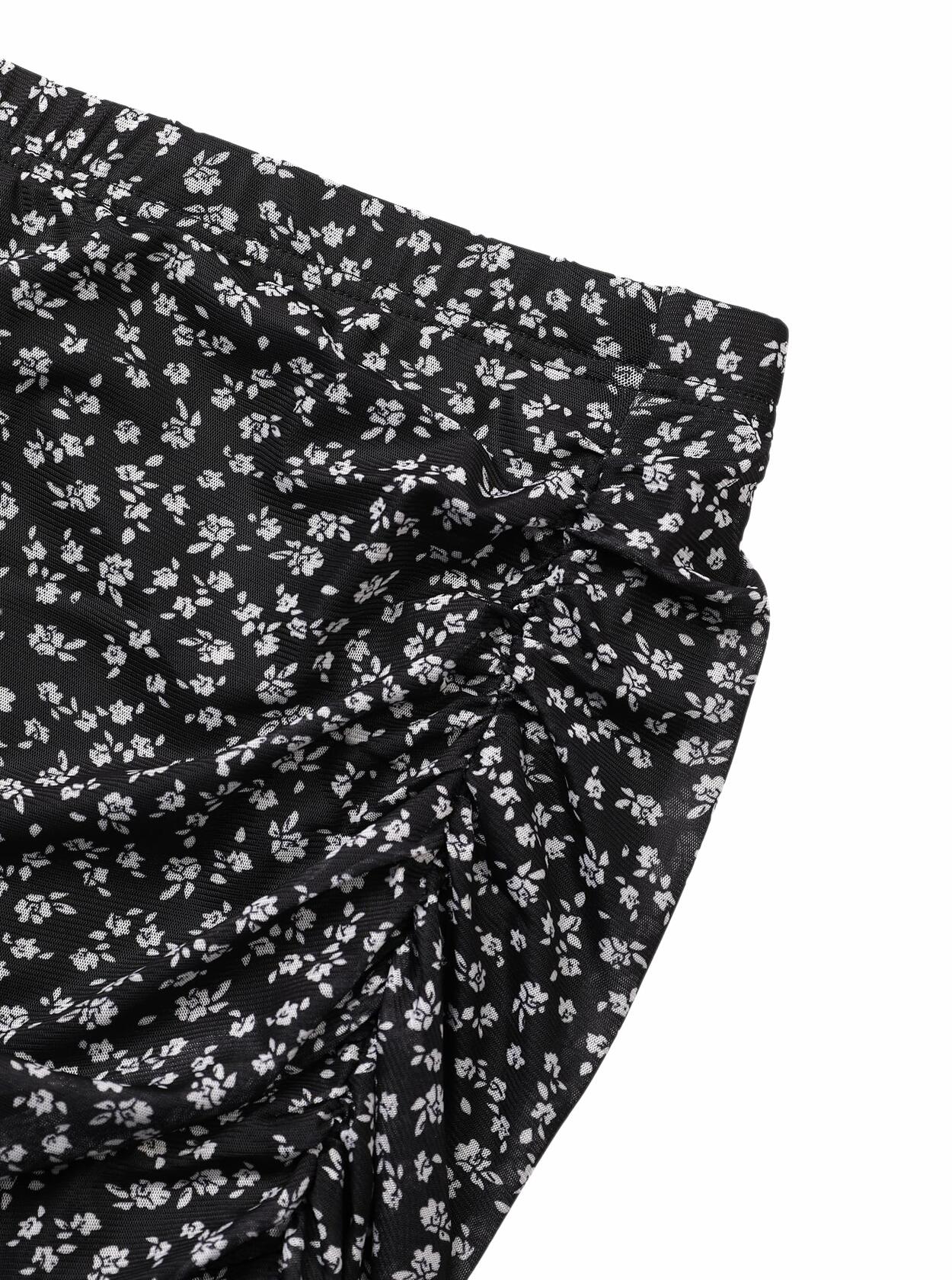 Avanova Women Boho Floral Ruched Mesh Mini Skirt Black Floral Size L