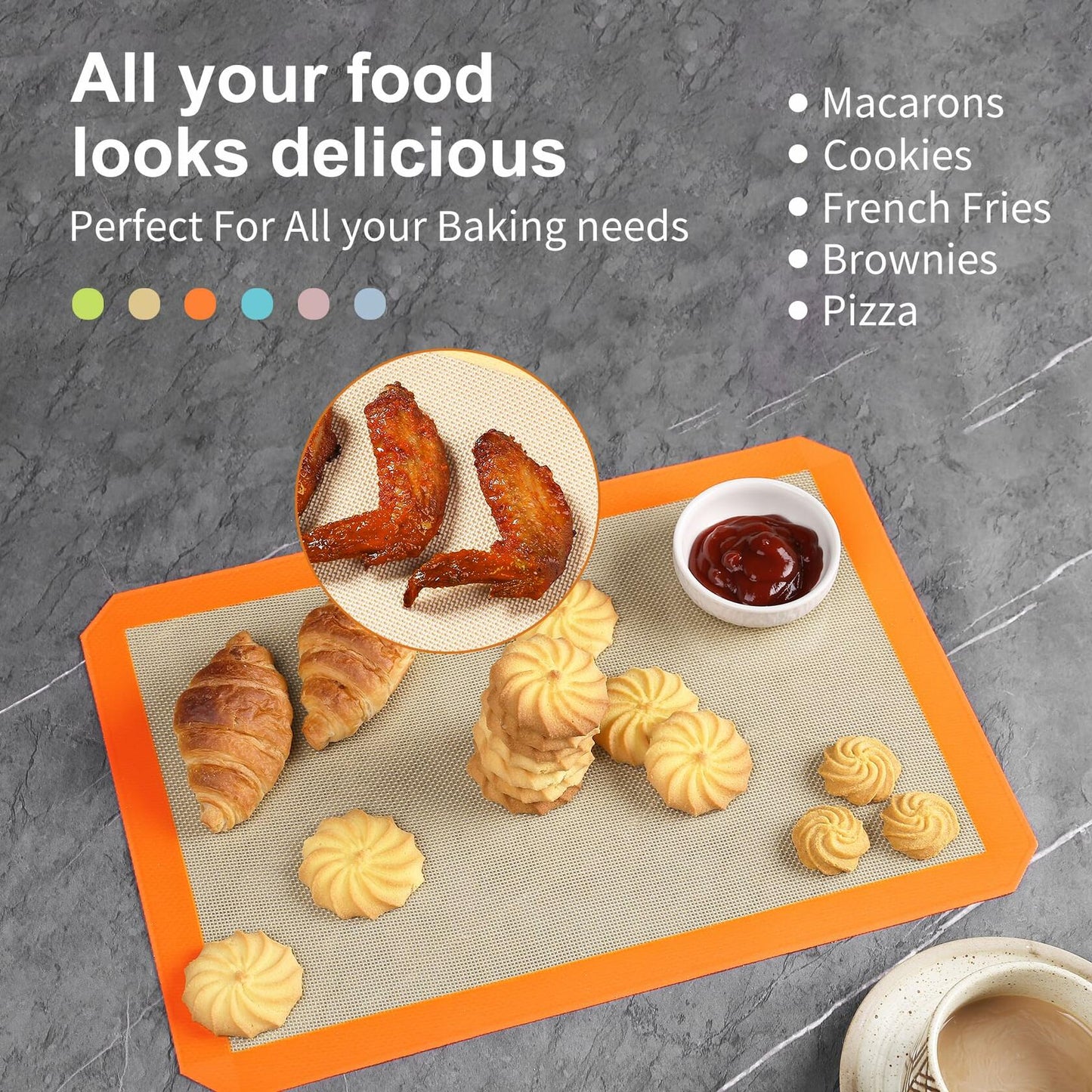 Colorful Silicone Baking Mat Non Stick Food Safe Reusable 3 Pk Orange Blue Green