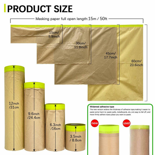 Hubaow Tape and Drape Masking Paper 18x50ft Pre-Taped Adhesive White 1 Pack