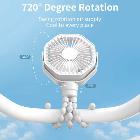 Lerat Portable Stroller Fan Flexible Tripod 3 Speeds Rechargeable White