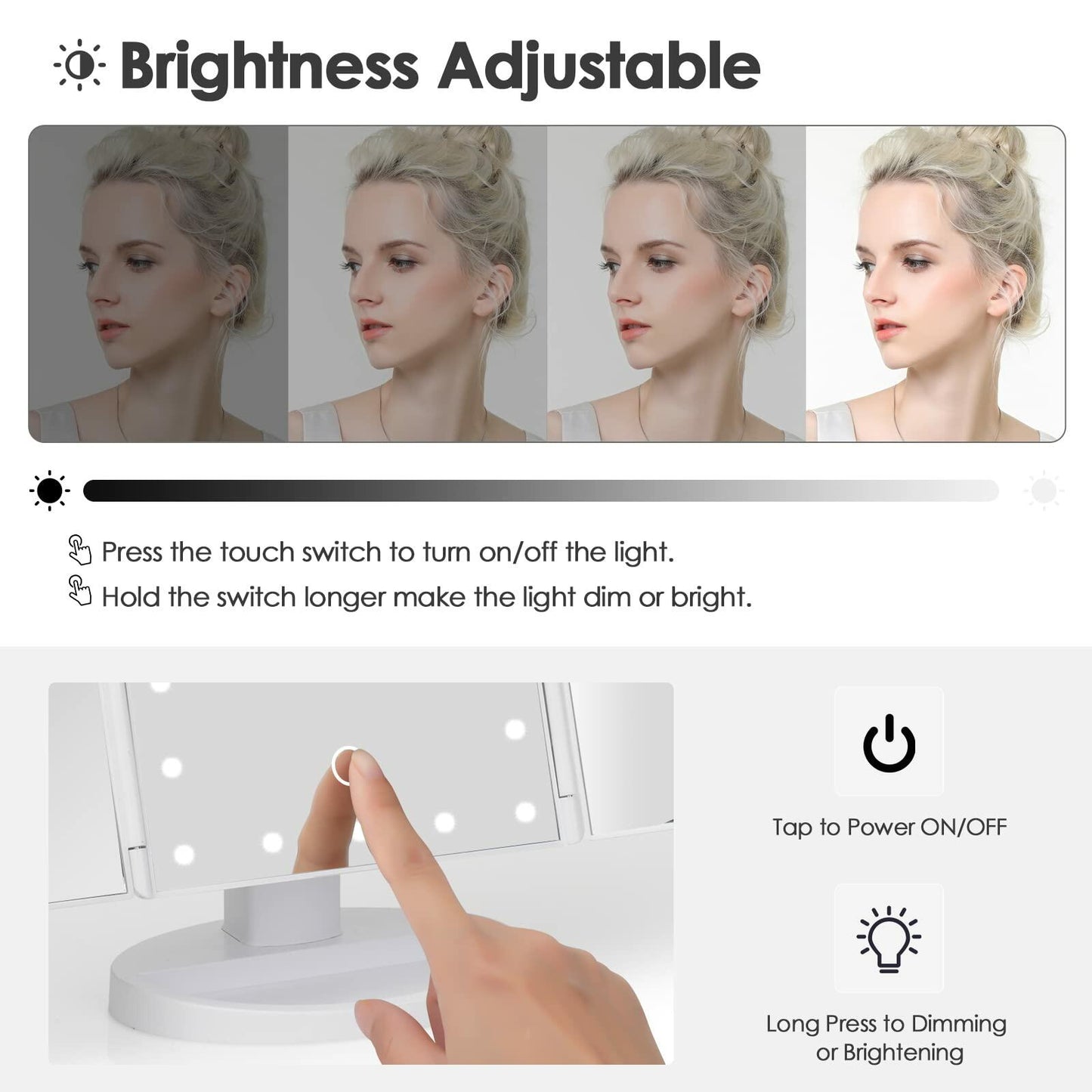DenCert Makeup Mirror Vanity Mirror 1X-10X Magnification Touch Control White