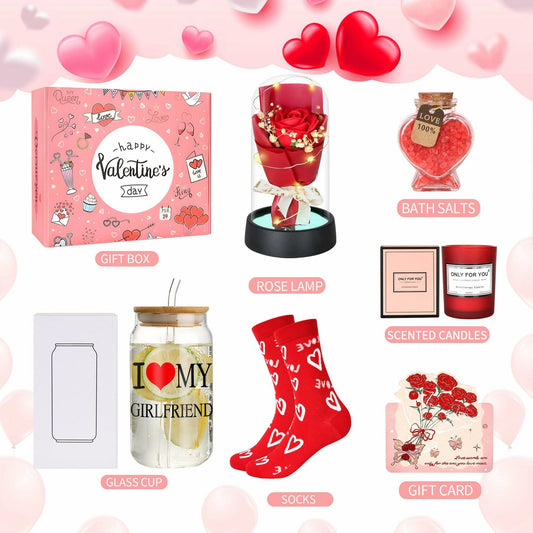 6PCS Valentines Gift Box Women 12oz Wine Tumbler Rose Socks Candle