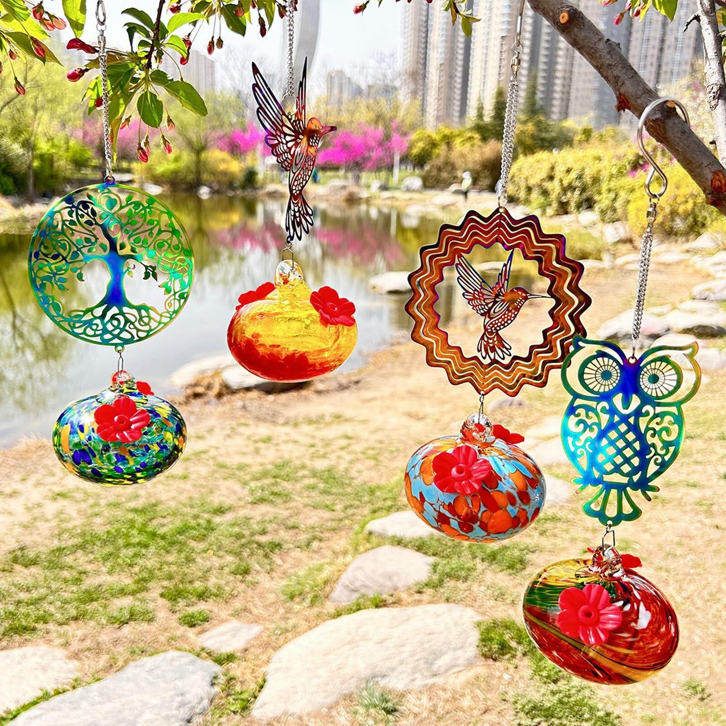Hand-Blown Glass Hummingbird Feeder with Owl Metal Ornament Garden Decor