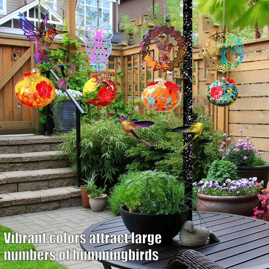 Hand-Blown Glass Hummingbird Feeder with Owl Metal Ornament Garden Decor