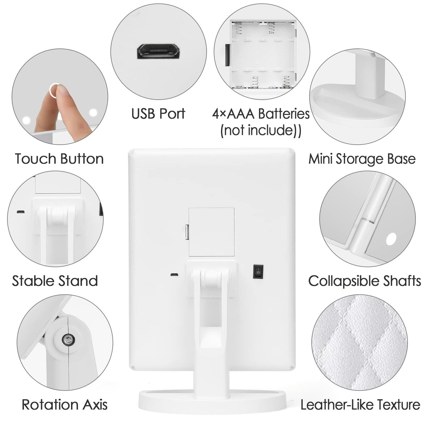 DenCert Makeup Mirror Vanity Mirror 1X-10X Magnification Touch Control White