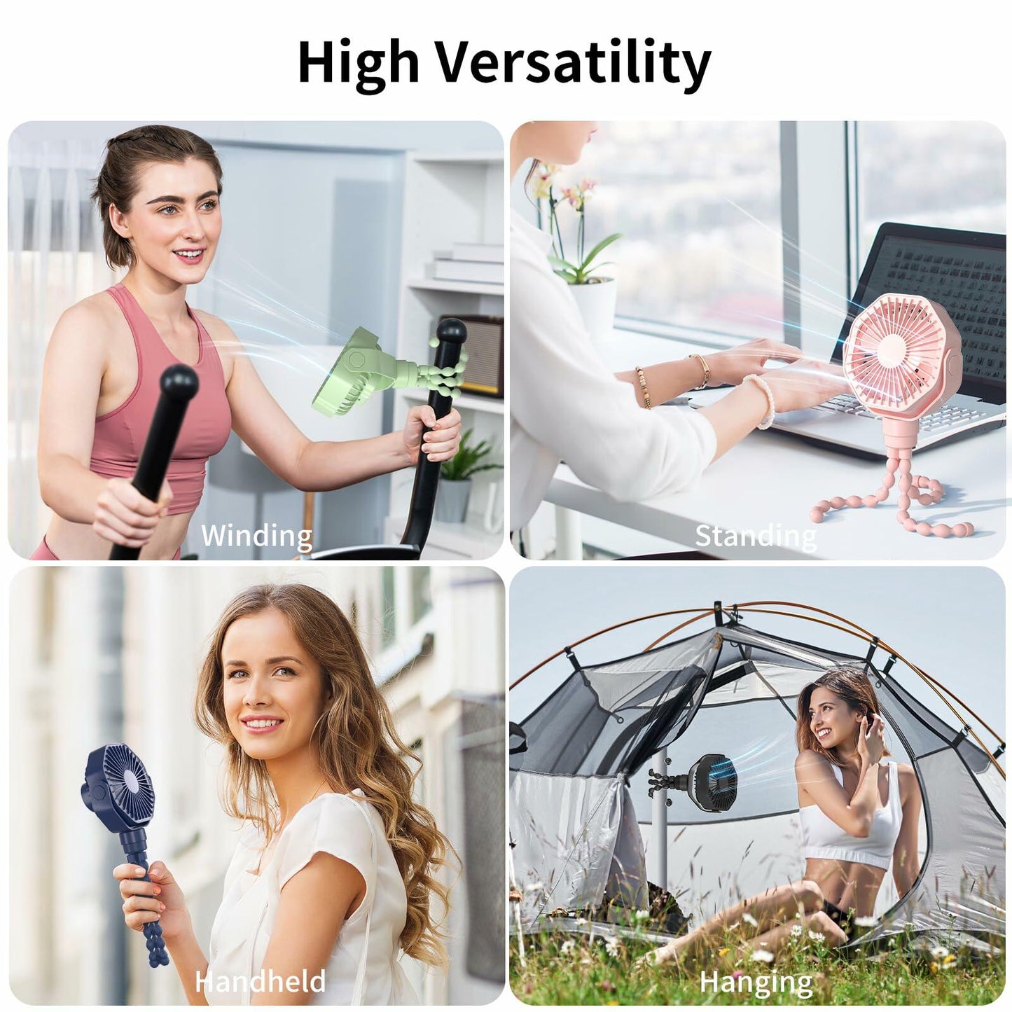 Lerat Portable Stroller Fan Flexible Tripod 3 Speeds Rechargeable White