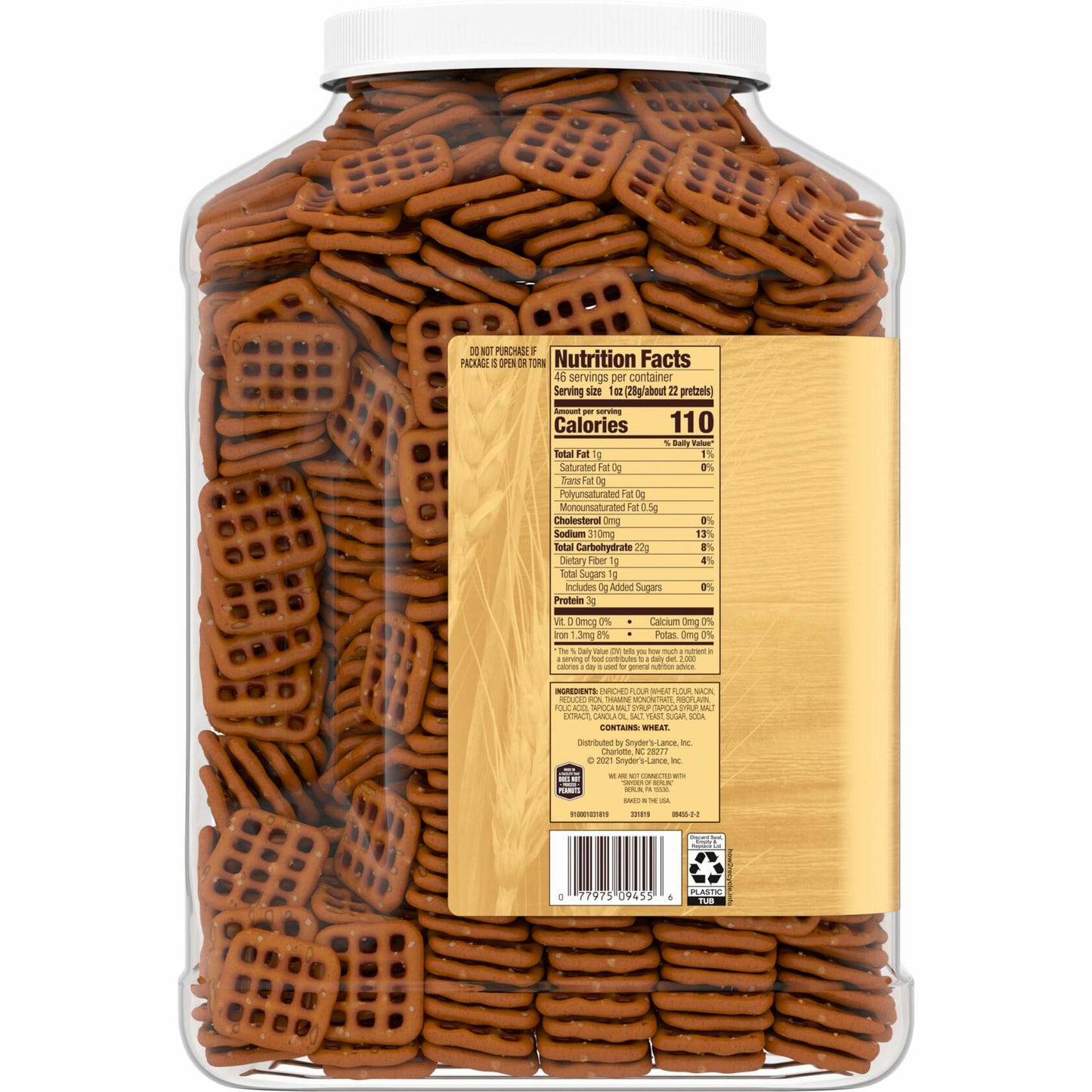 BestBy07/25 Snyder's of Hanover Pretzel Snaps Crunchy Snack 46 Oz Canister