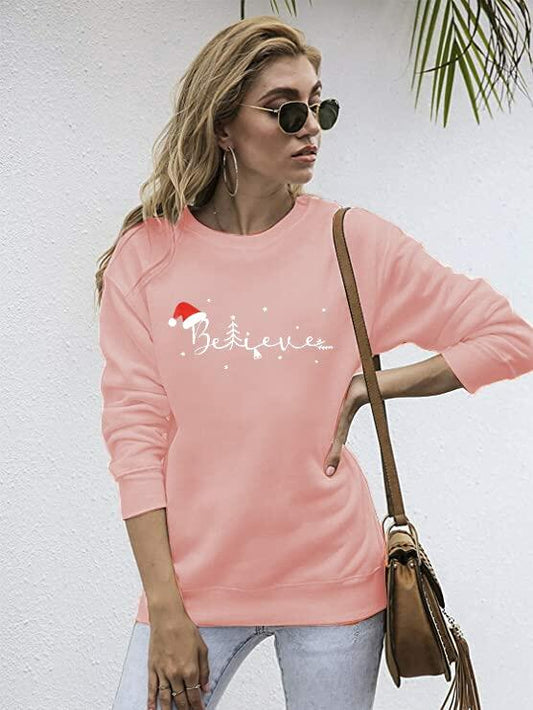 FASHGL Believe Sweatshirt Women Funny Christmas Hat Graphic Pink Size 2XL