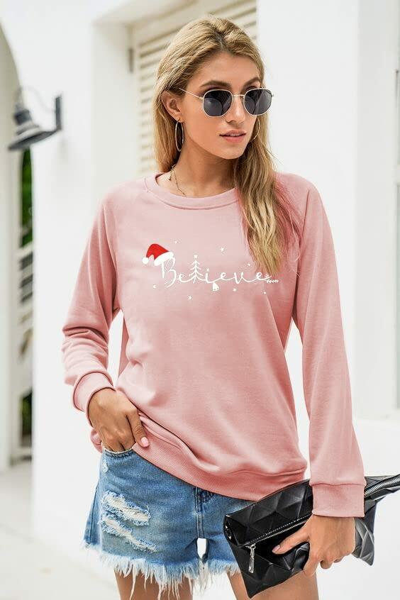 FASHGL Believe Sweatshirt Women Funny Christmas Hat Graphic Pink Size 2XL