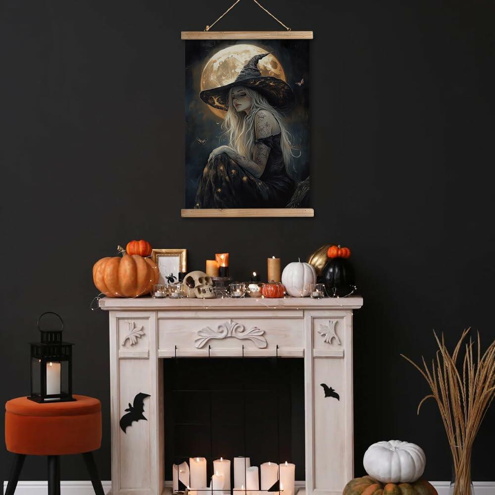 XIAOAIKA Halloween Witch Canvas Poster Wooden Hanger 16x23 Wall Art