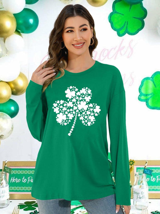 St Patrick's Day Women's Oversized Lucky Shamrock Long Sleeve Tee Size L