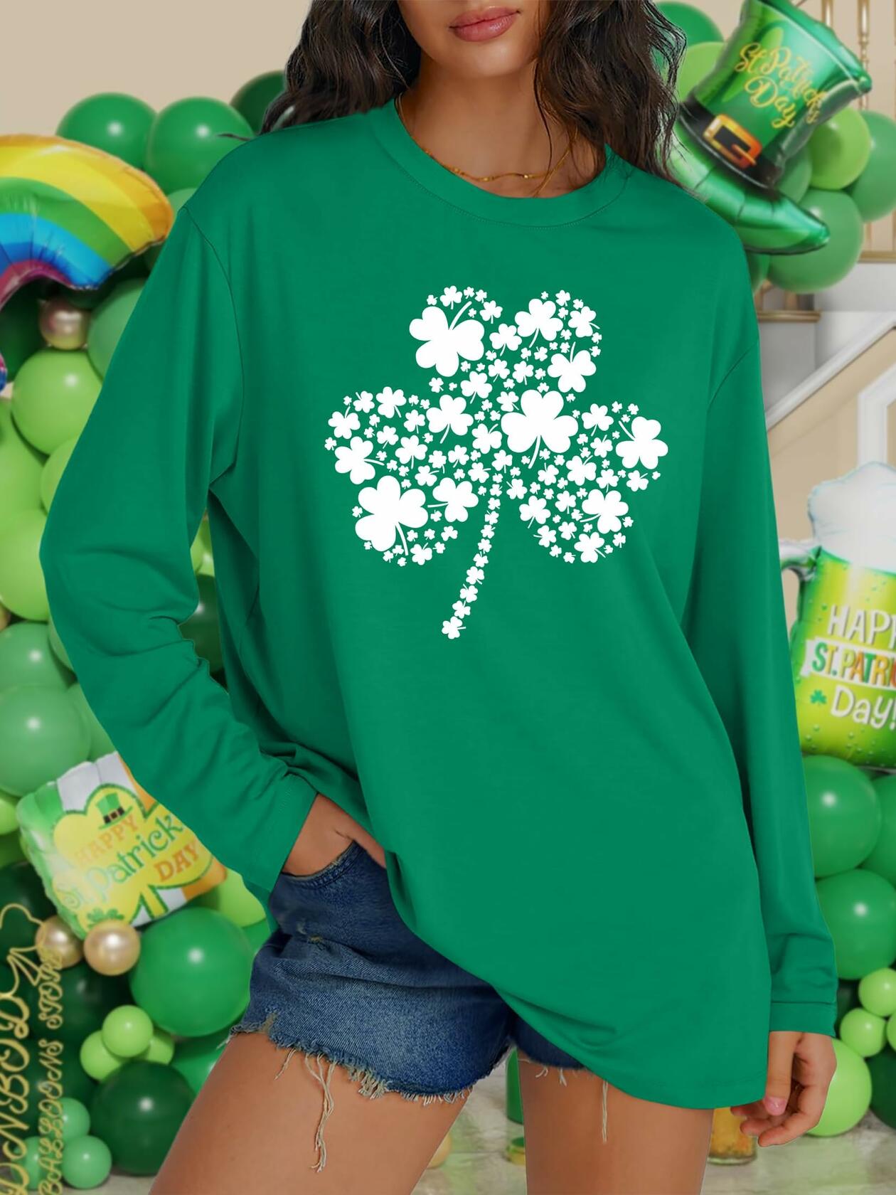 St Patrick's Day Women's Oversized Lucky Shamrock Long Sleeve Tee Size L