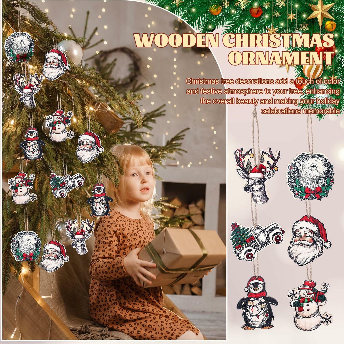 Syhood Vintage Wooden Christmas Ornaments 24 Pcs Snowman Santa Elk Bear