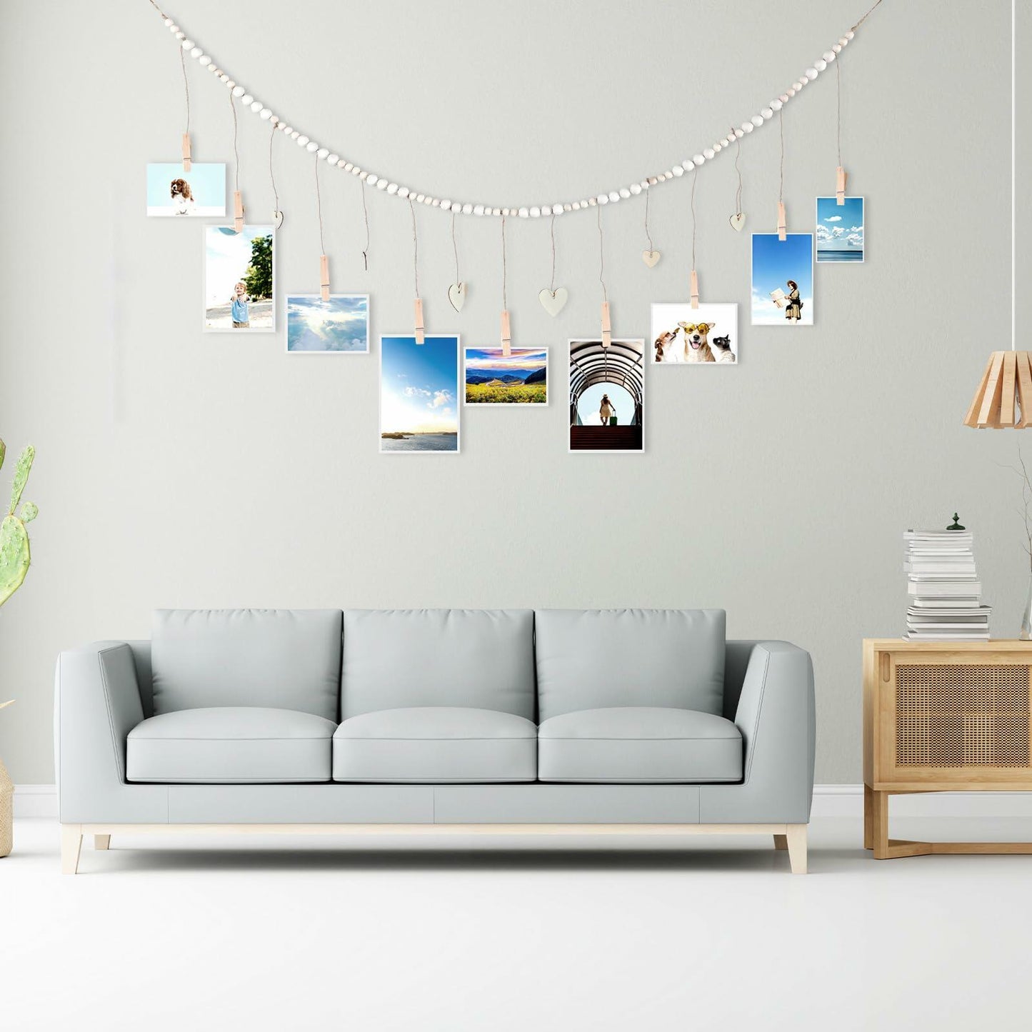 Hanging Photo Display with 9 Wooden Clips - Wall Decor Boho Dorm Room