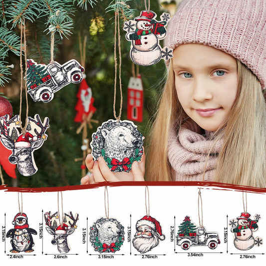 Syhood Vintage Wooden Christmas Ornaments 24 Pcs Snowman Santa Elk Bear