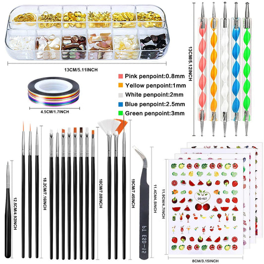 JOYJULY Nail Art Brushes Kit with Rhinestones Stickers Glitters Multi
