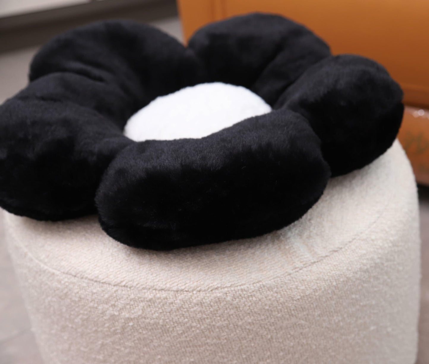 Flower Pouf Ottoman Full Foam 18x15 Inch Ivory Black Floor Pouf
