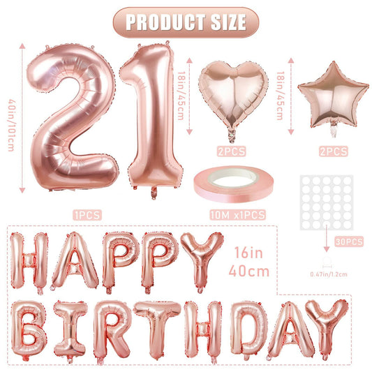 Rose Gold Happy Birthday Balloons Banner 16 Inch Mylar Foil 21st Party