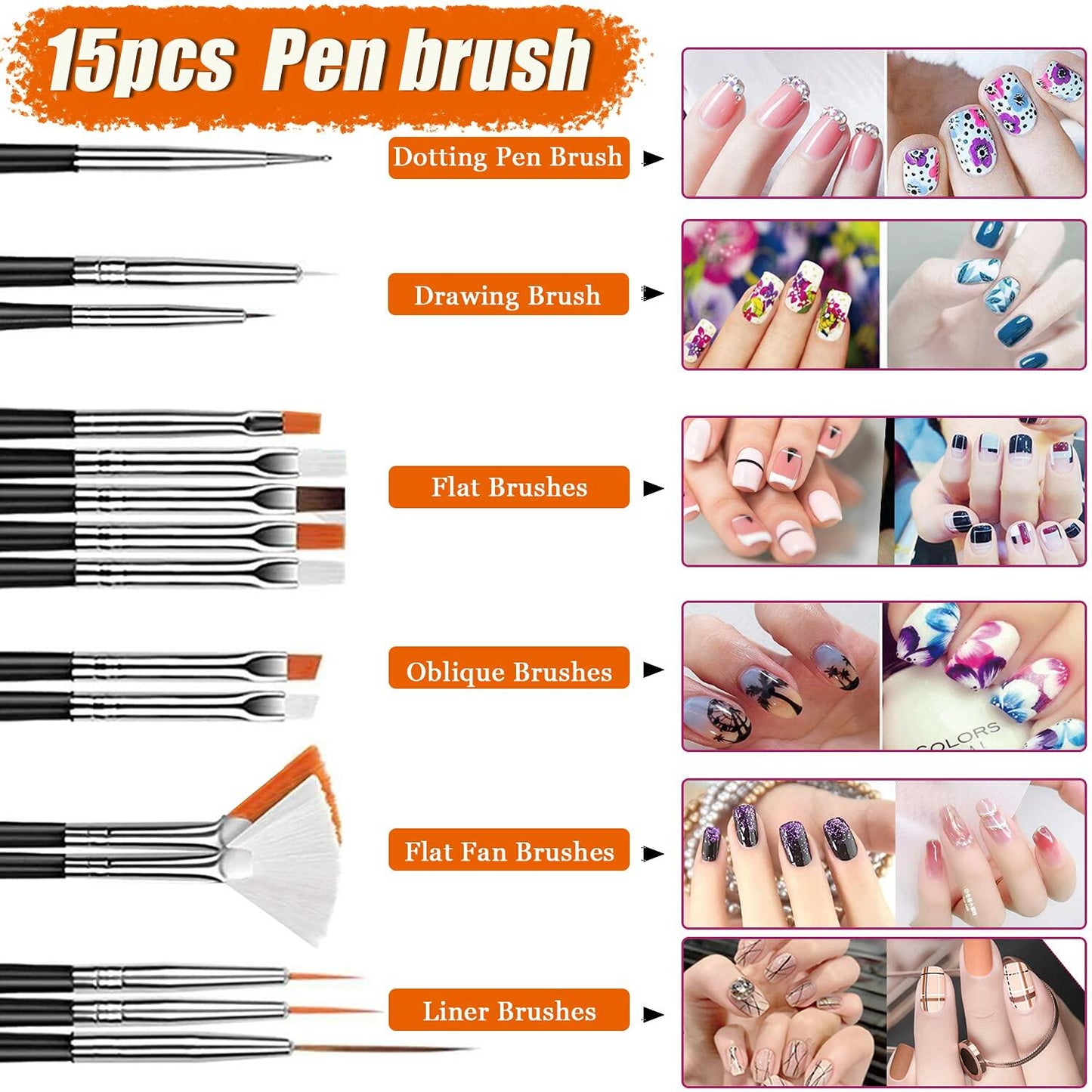 JOYJULY Nail Art Brushes Kit with Rhinestones Stickers Glitters Multi