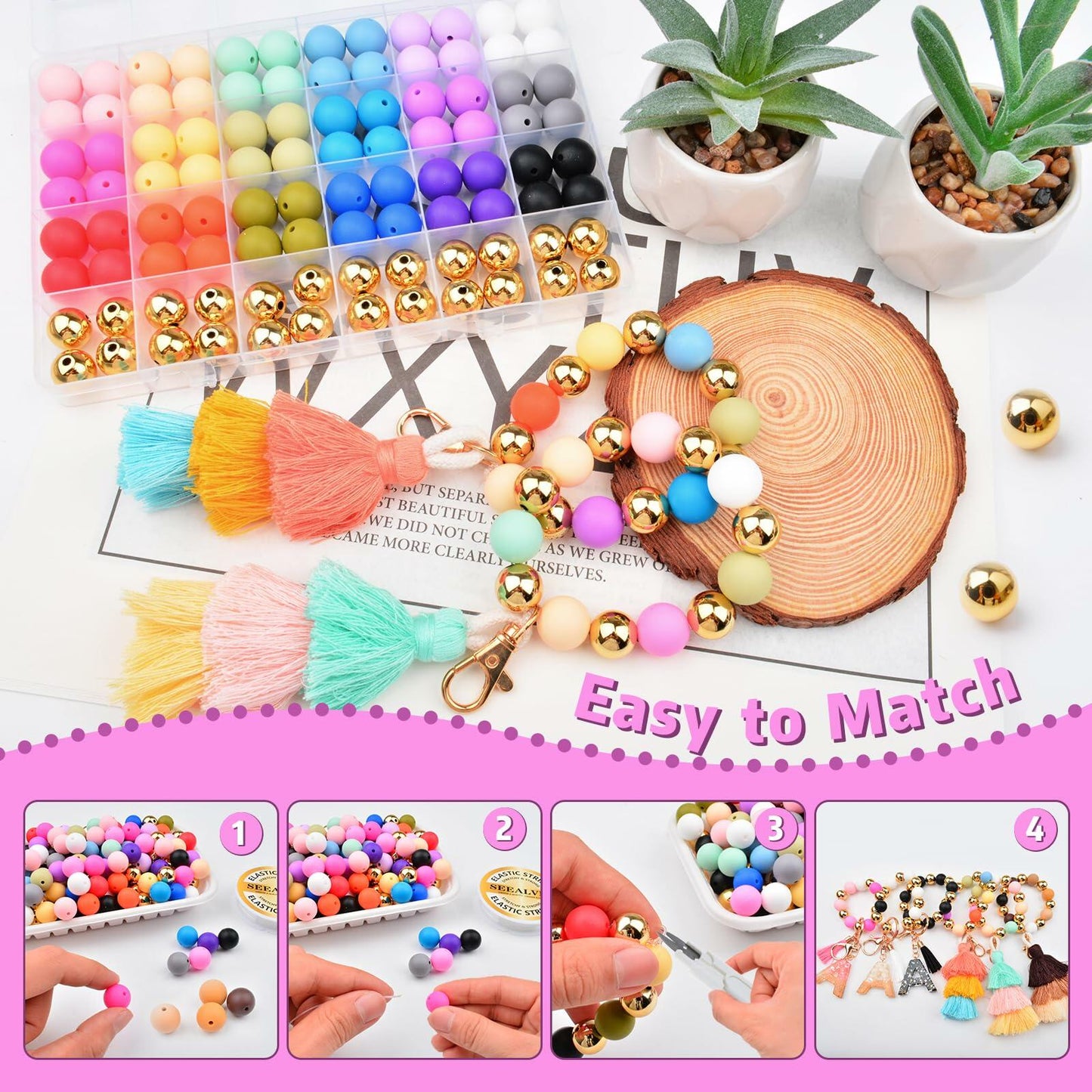 96PCS 15mm Silicone Beads,4 Colors Silicone Beads Kit for Keychain Making