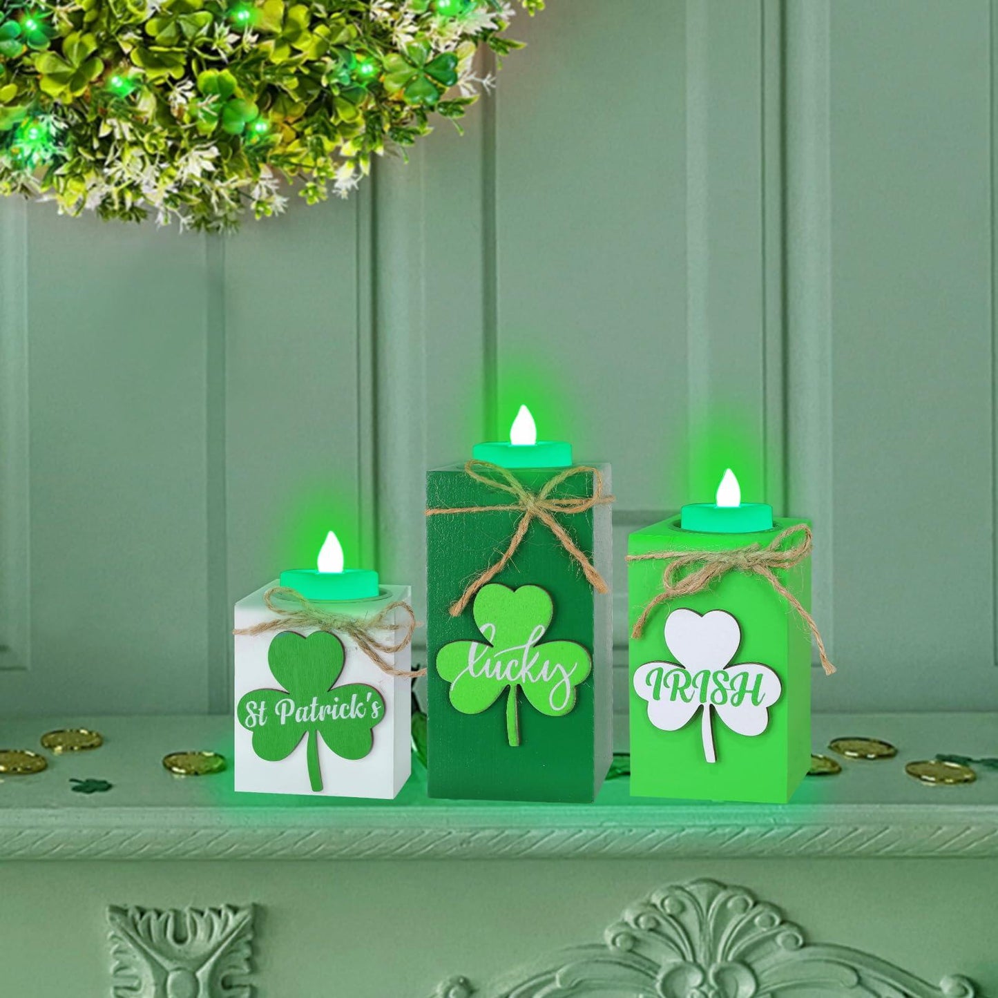 3 Pack St. Patrick's Day Flameless Tea Light Candles Shamrock Design
