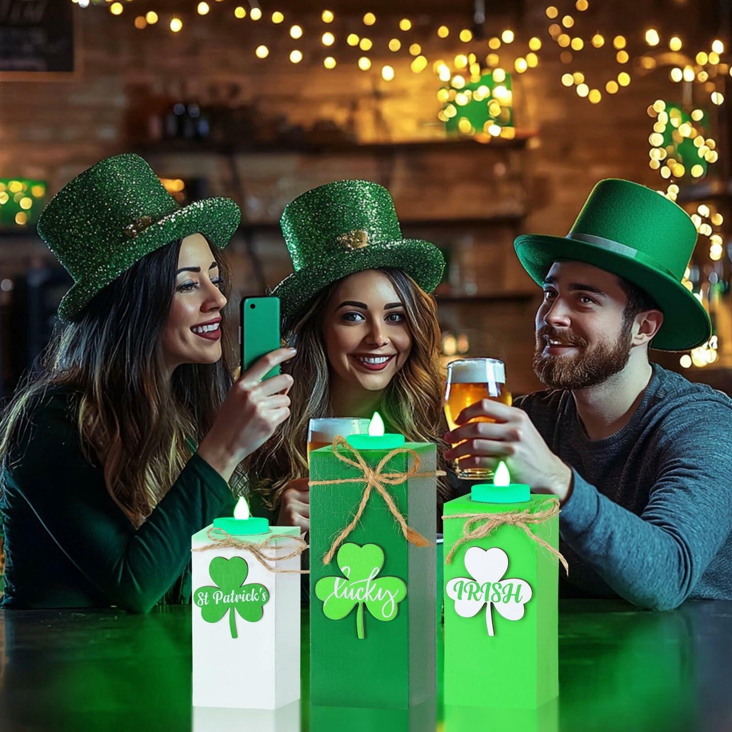 3 Pack St. Patrick's Day Flameless Tea Light Candles Shamrock Design