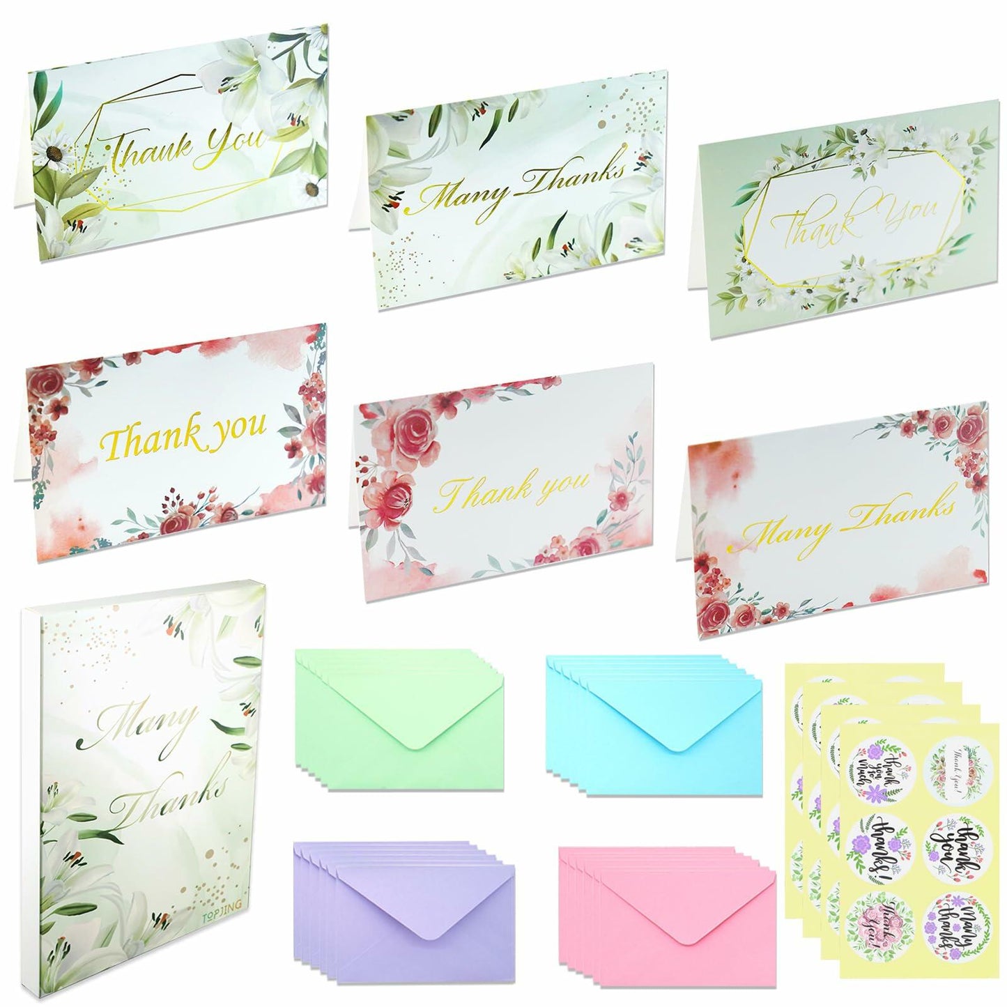 TOPJING 24 Heavy Duty Thank You Cards with Envelopes Gold Foil 4.15x6.5 Inch