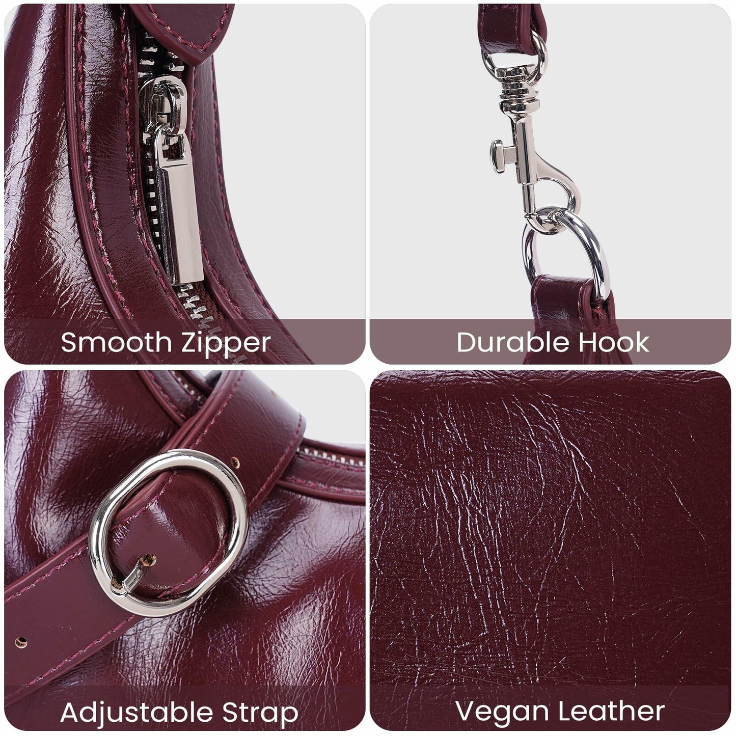 JQWSVE Crescent Shoulder Bag Women Glossy Leather Crossbody Black