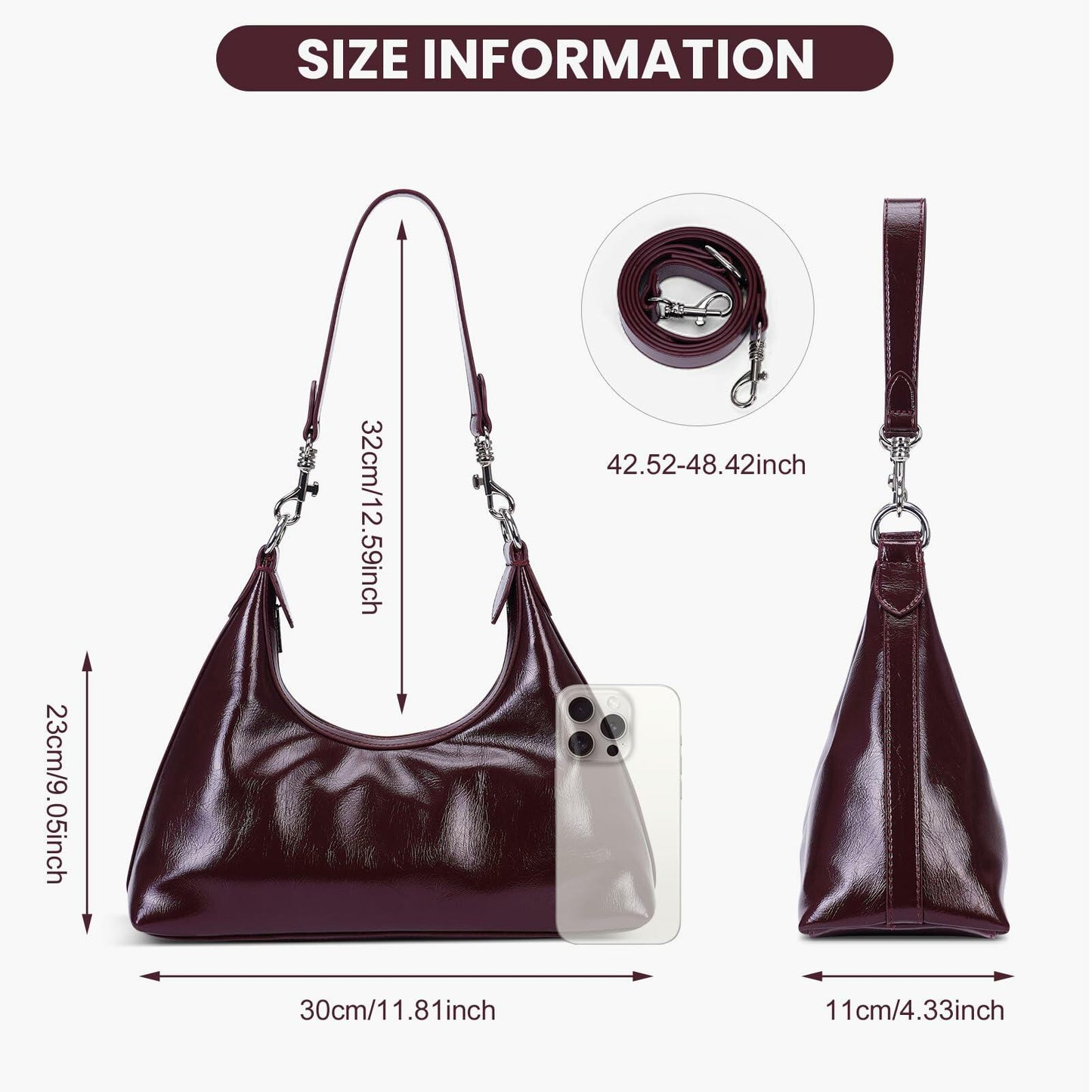 JQWSVE Crescent Shoulder Bag Women Glossy Leather Crossbody Black