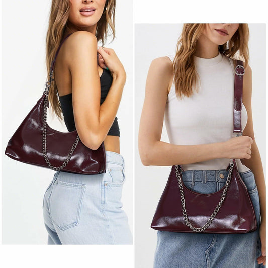 JQWSVE Crescent Shoulder Bag Women Glossy Leather Crossbody Black