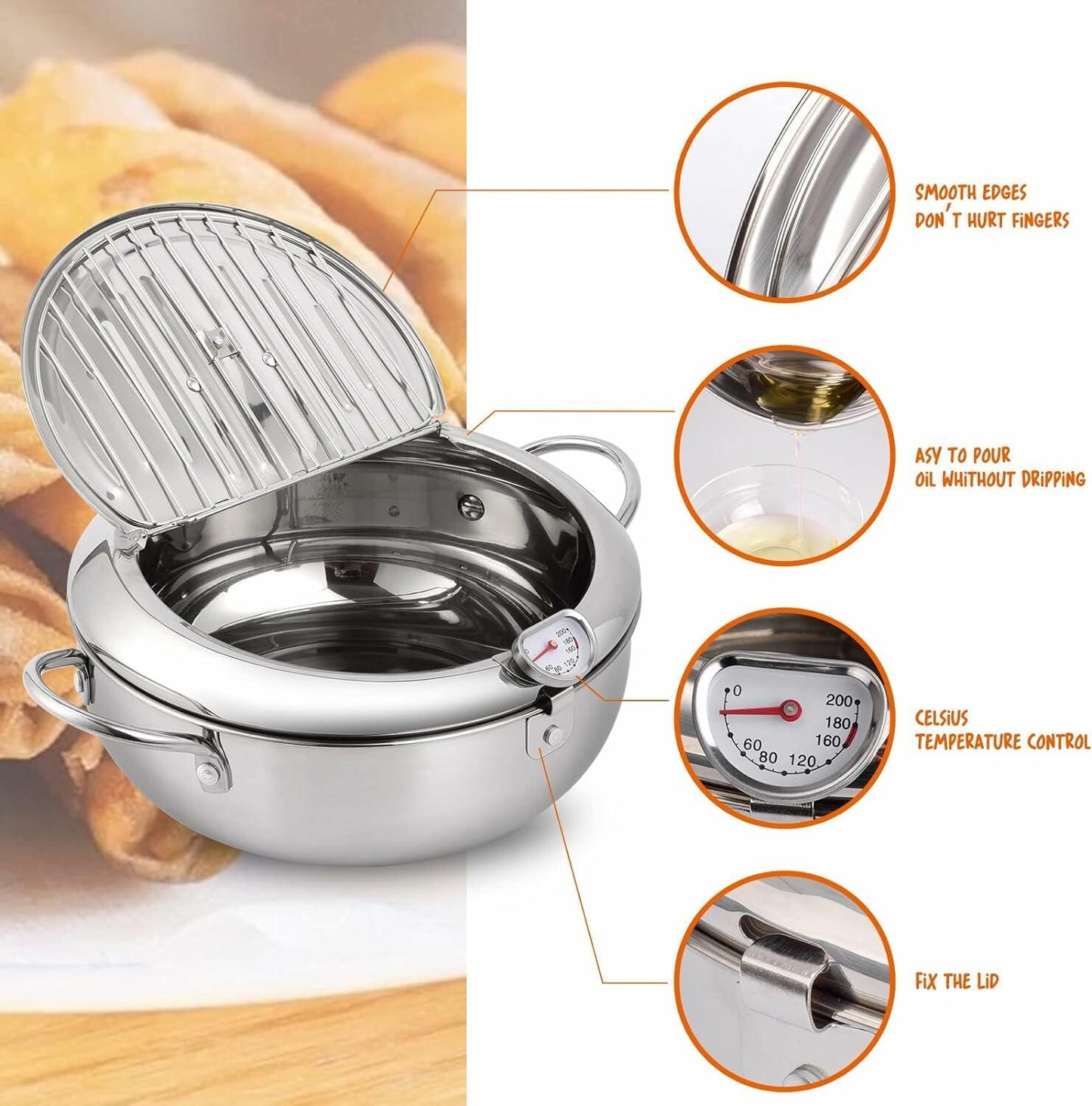 Oxydrily Japanese Stainless Steel Deep Fryer Pot with Thermometer
