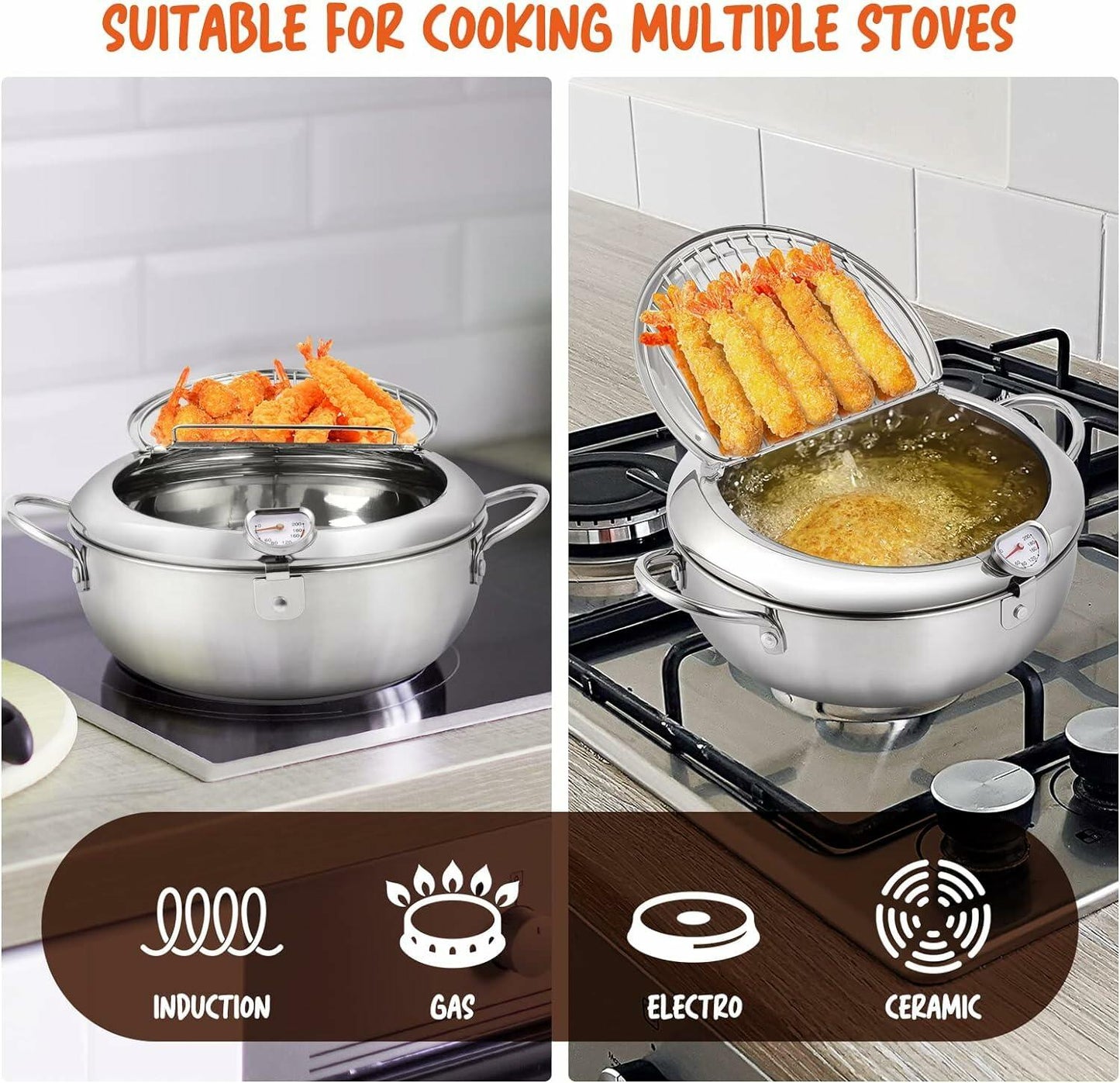 Oxydrily Japanese Stainless Steel Deep Fryer Pot with Thermometer