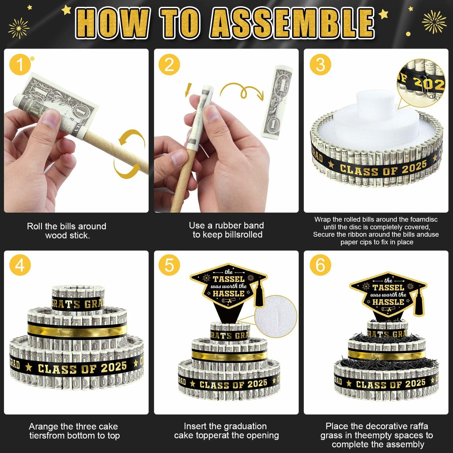 3 Tier Black Gold Graduation Cap Cake Party Decor Gifts Class of 2025