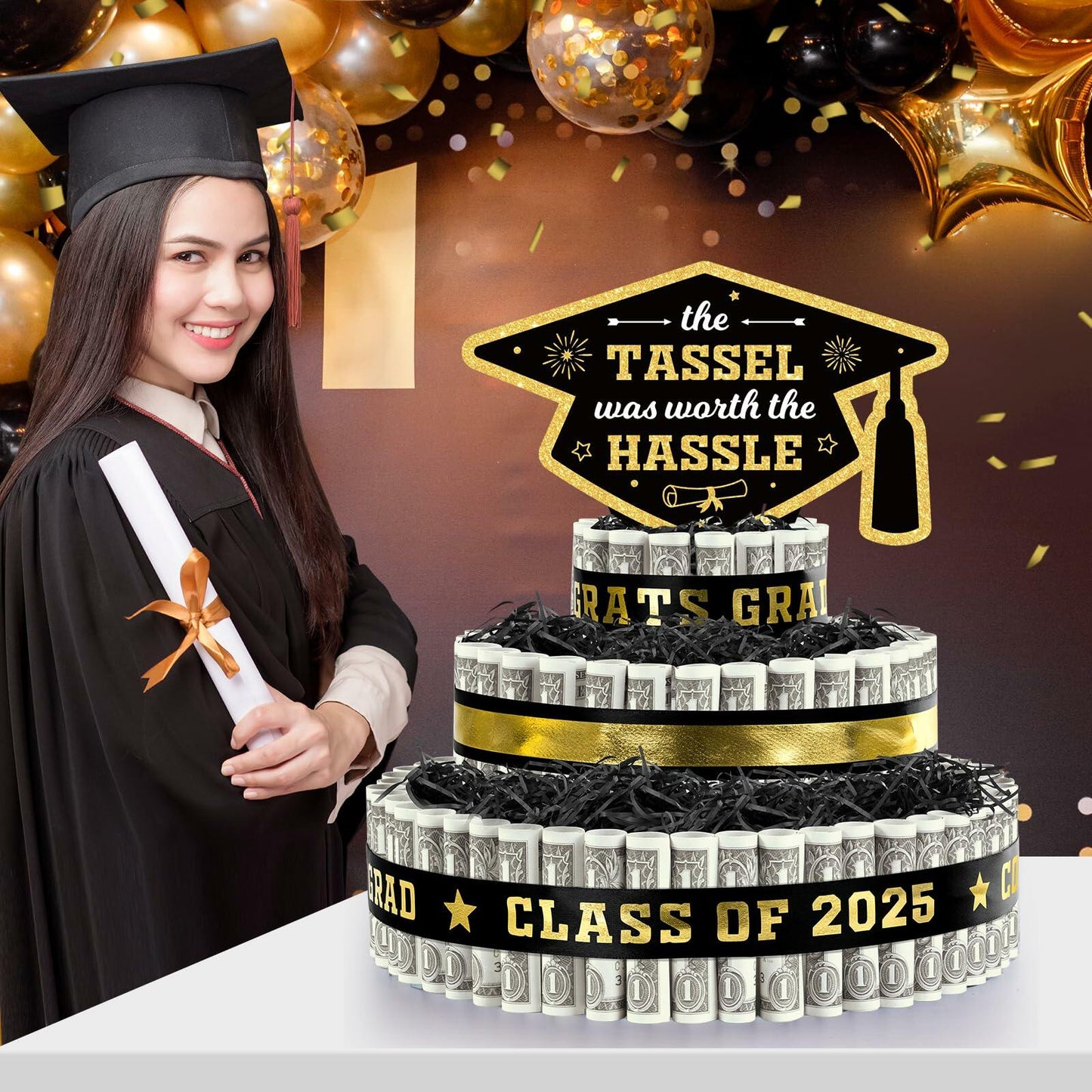 3 Tier Black Gold Graduation Cap Cake Party Decor Gifts Class of 2025