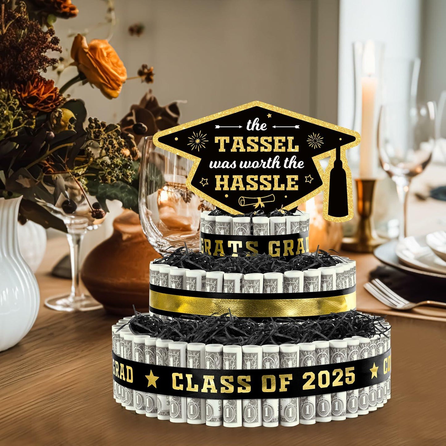 3 Tier Black Gold Graduation Cap Cake Party Decor Gifts Class of 2025