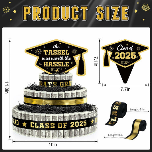 3 Tier Black Gold Graduation Cap Cake Party Decor Gifts Class of 2025
