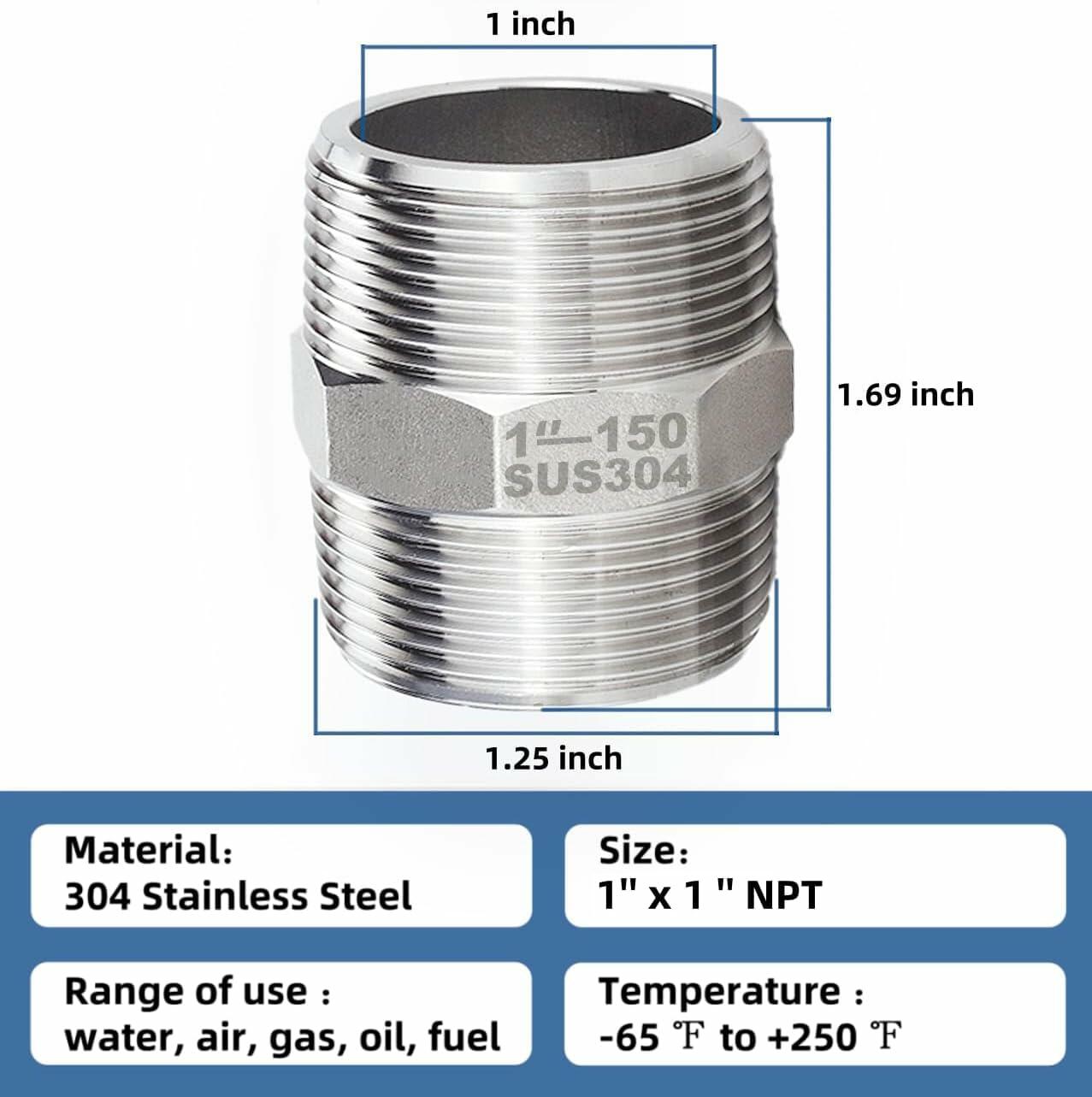 304 Stainless Steel 1" NPT Male Threaded Pipe Nipple Connector 2 Pack