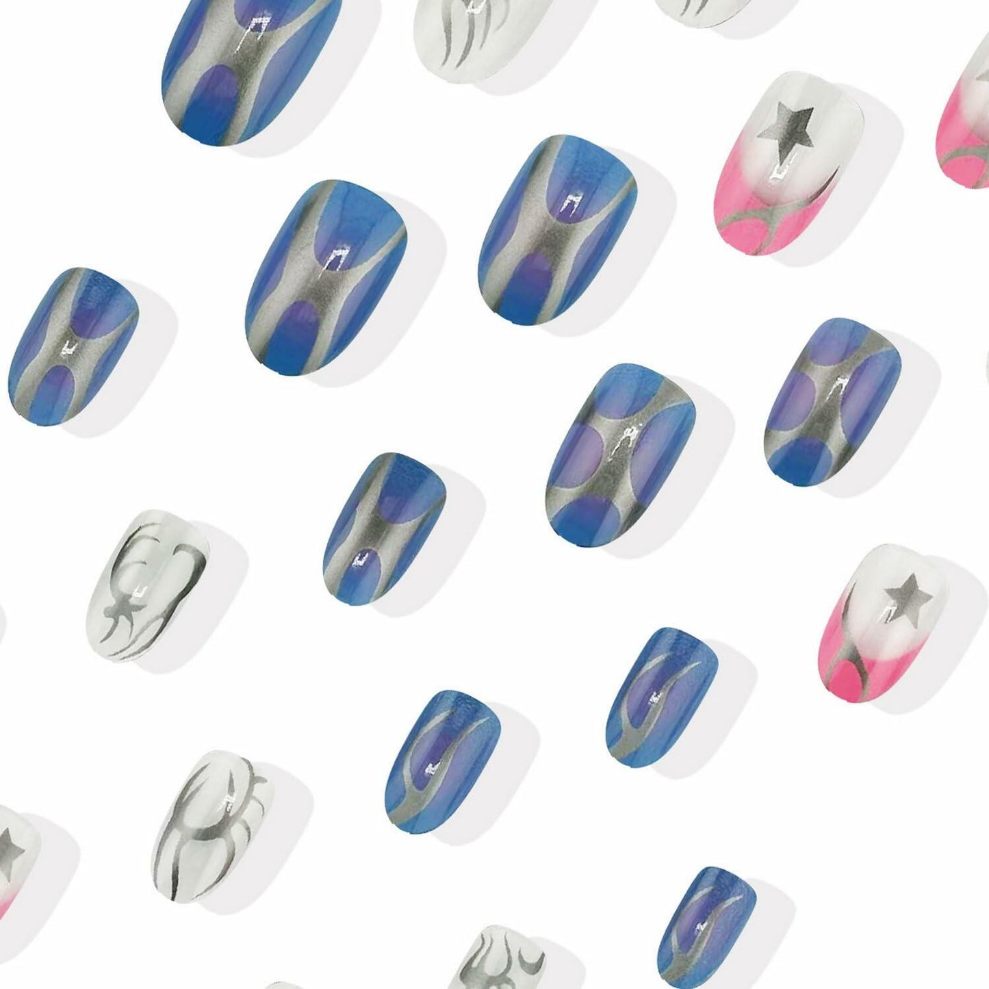 Summer Press On Nails Medium Almond Nude Pink Silver Star Rhinestones 24 Pc