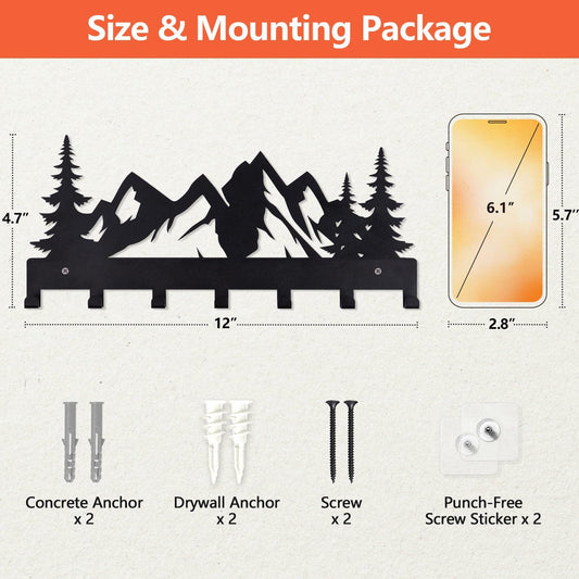 FIPUTE Metal Wall Key Holder with 7 Hooks Black Organizer Rack