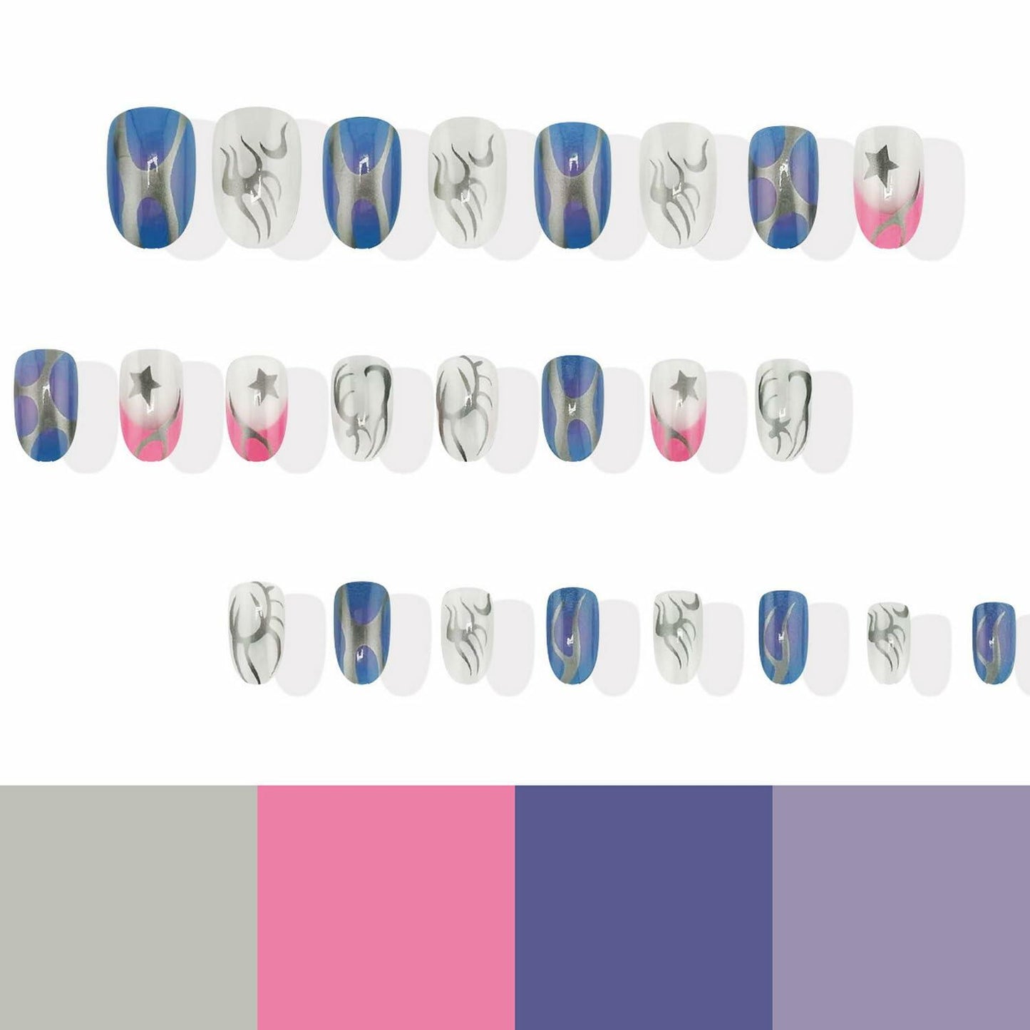 Summer Press On Nails Medium Almond Nude Pink Silver Star Rhinestones 24 Pc