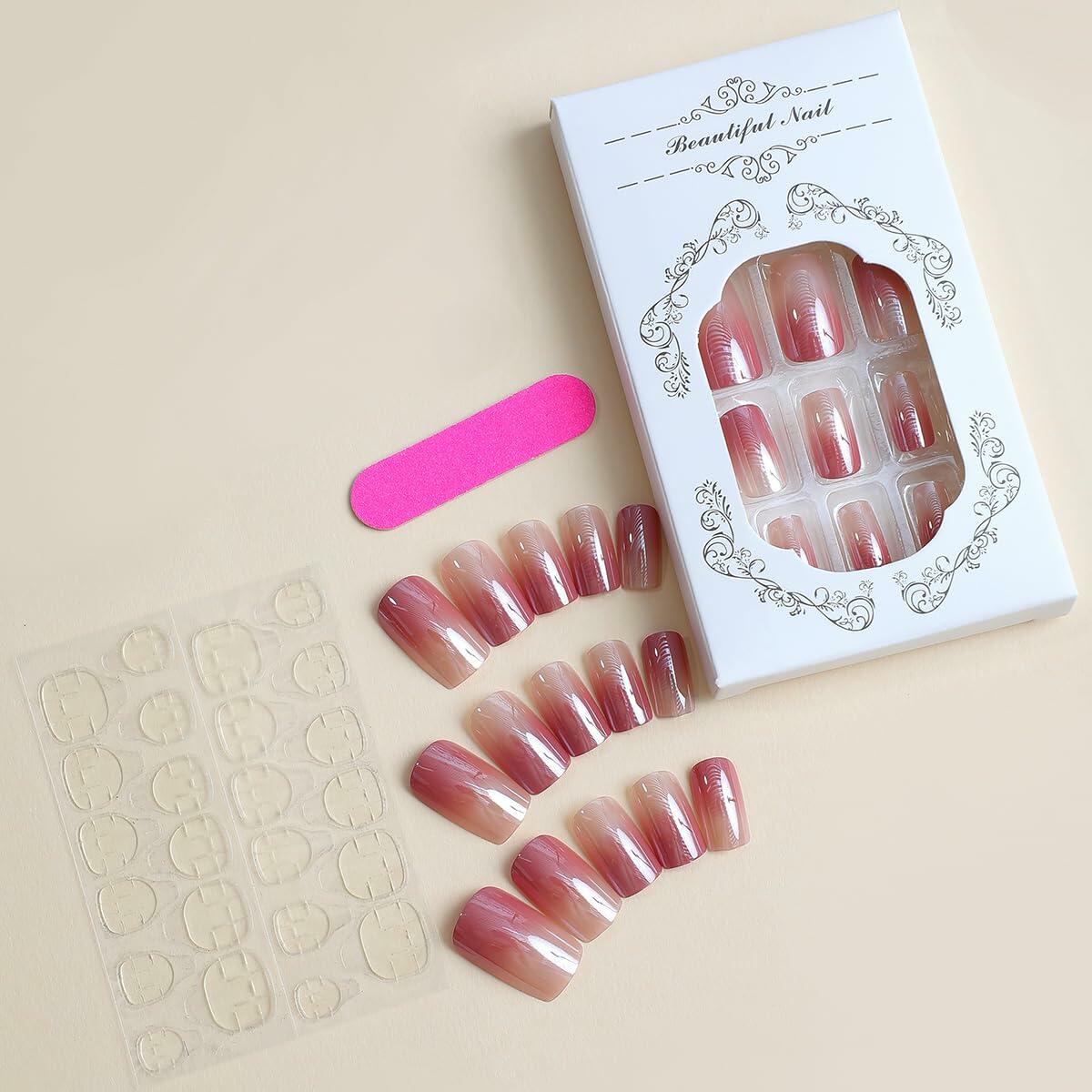 Blue Press On Nails Short Square Gold Foil Design 24Pcs Acrylic Glossy