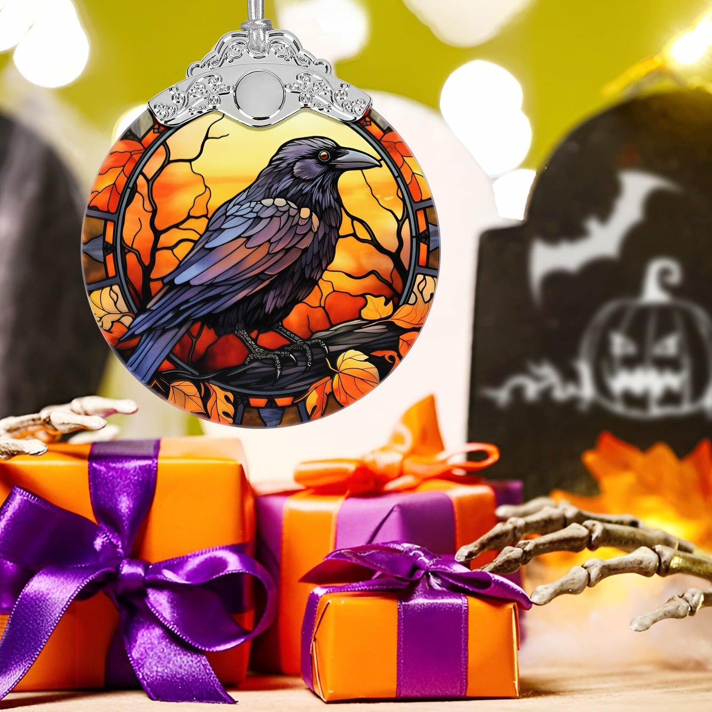 Black Cat with Hat Stained Glass Christmas Ornament Holiday Decoration