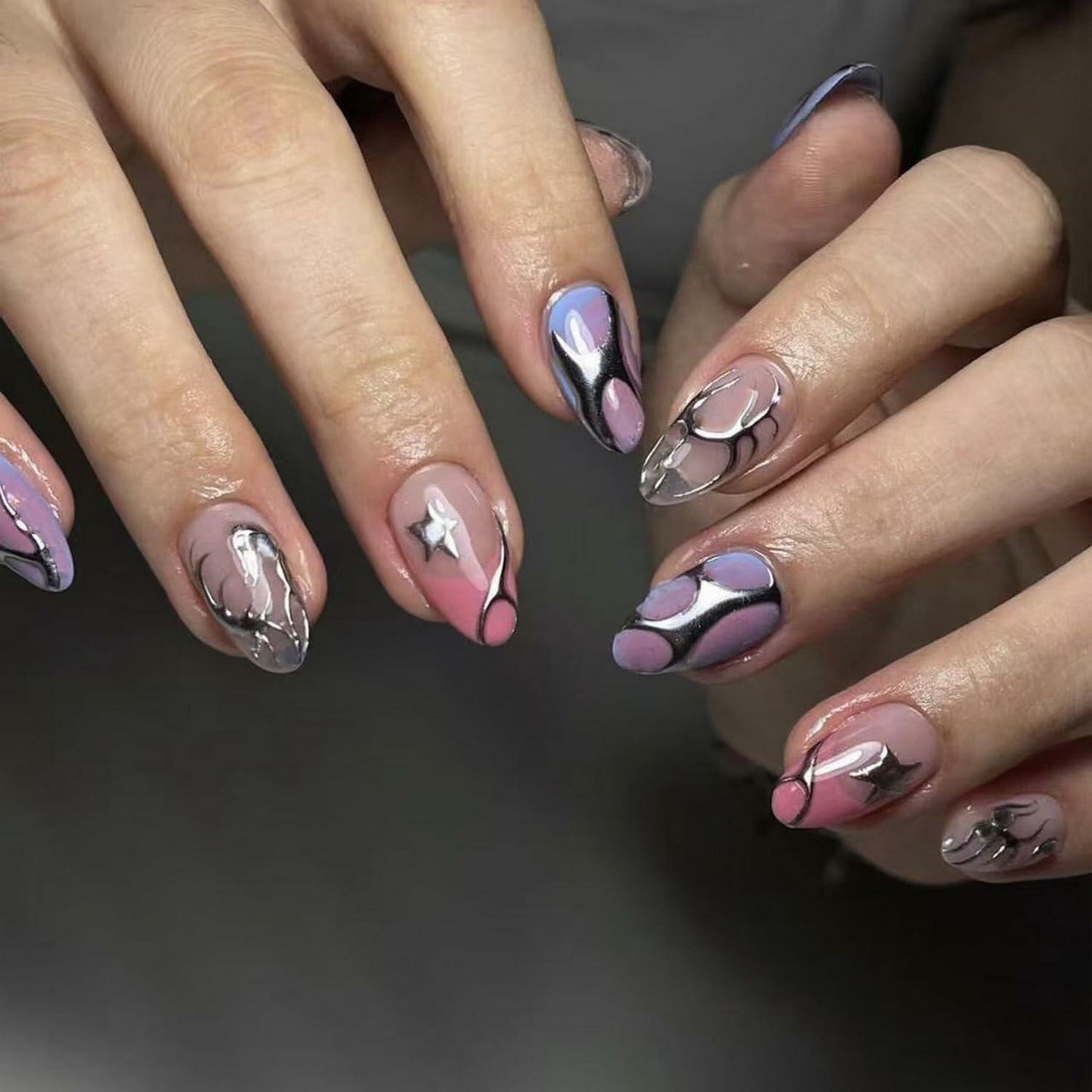 Summer Press On Nails Medium Almond Nude Pink Silver Star Rhinestones 24 Pc