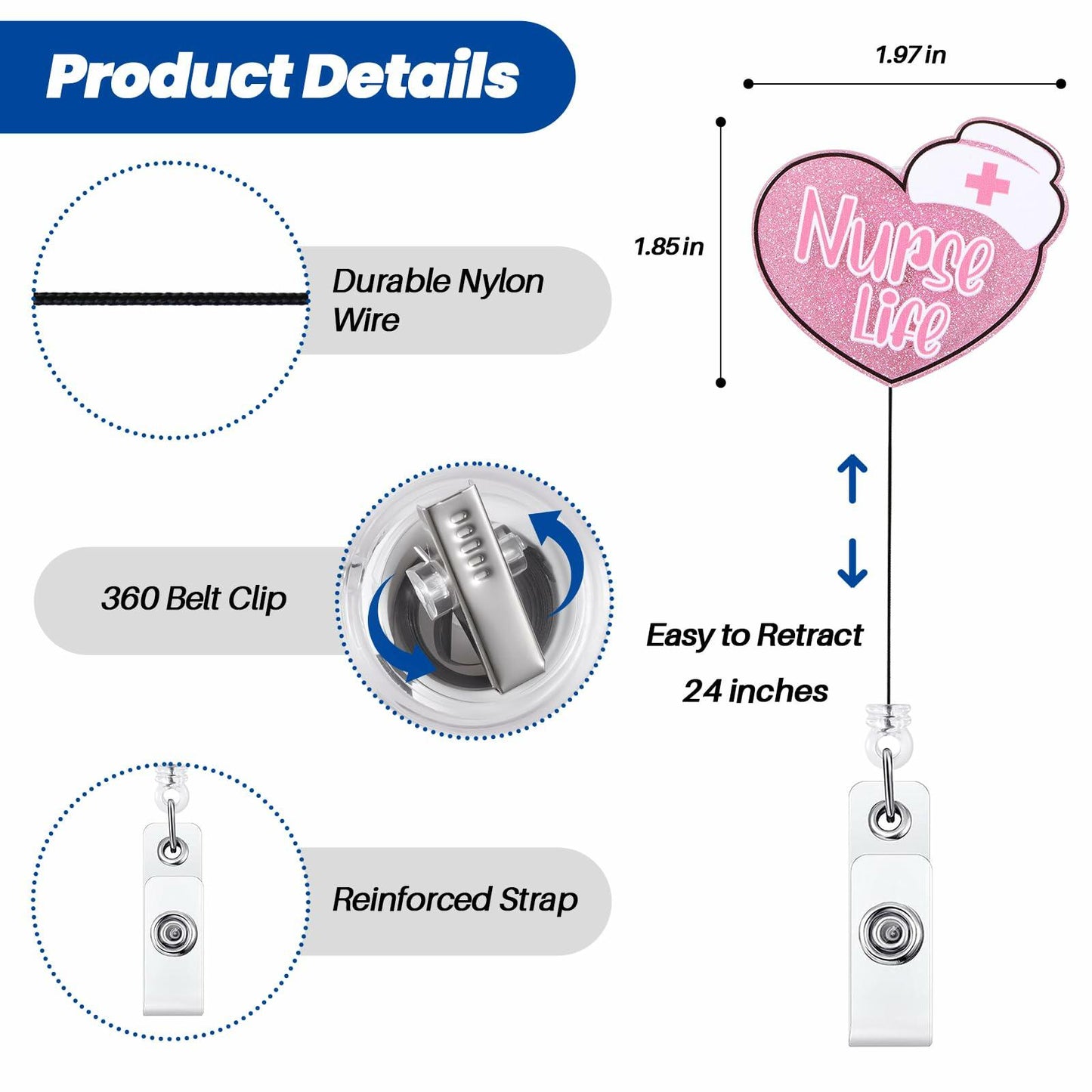 Nurse Badge Reel Retractable Clip Pink CNA RN LPN Medical Worker Accessories