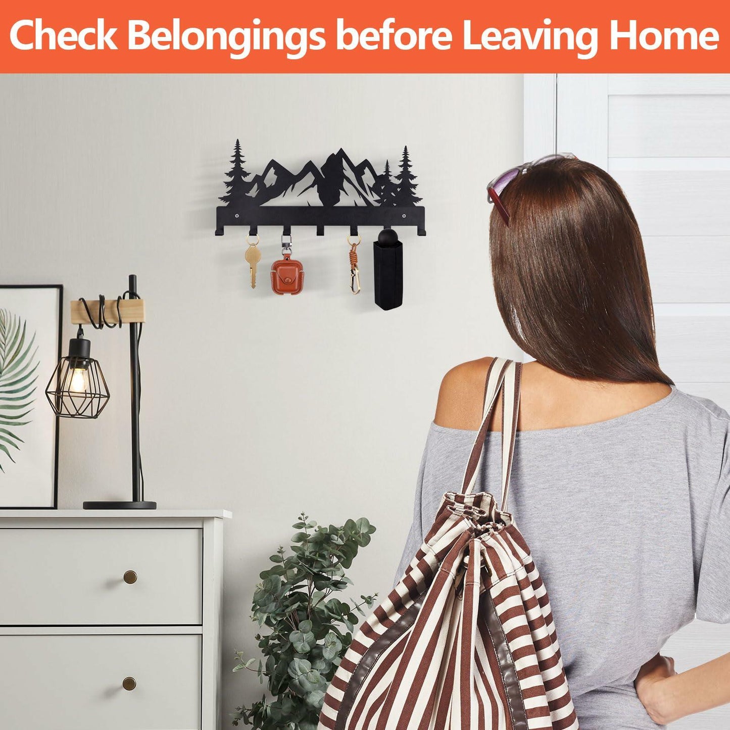 FIPUTE Metal Wall Key Holder with 7 Hooks Black Organizer Rack