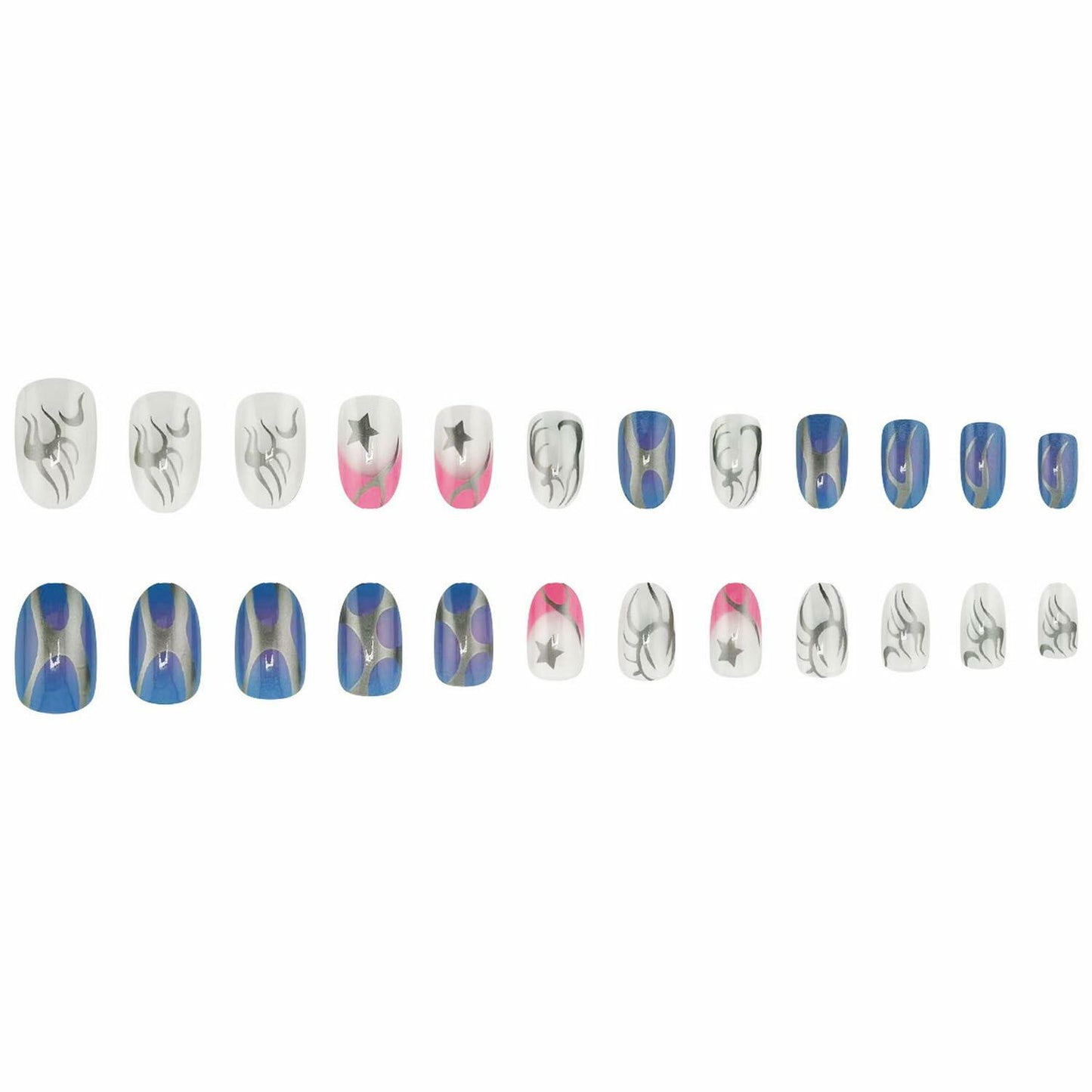 Summer Press On Nails Medium Almond Nude Pink Silver Star Rhinestones 24 Pc