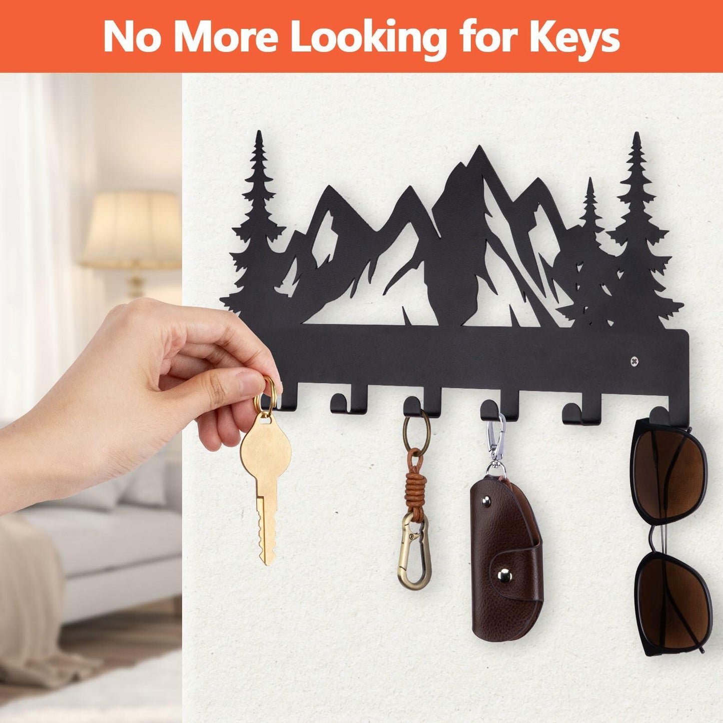 FIPUTE Metal Wall Key Holder with 7 Hooks Black Organizer Rack