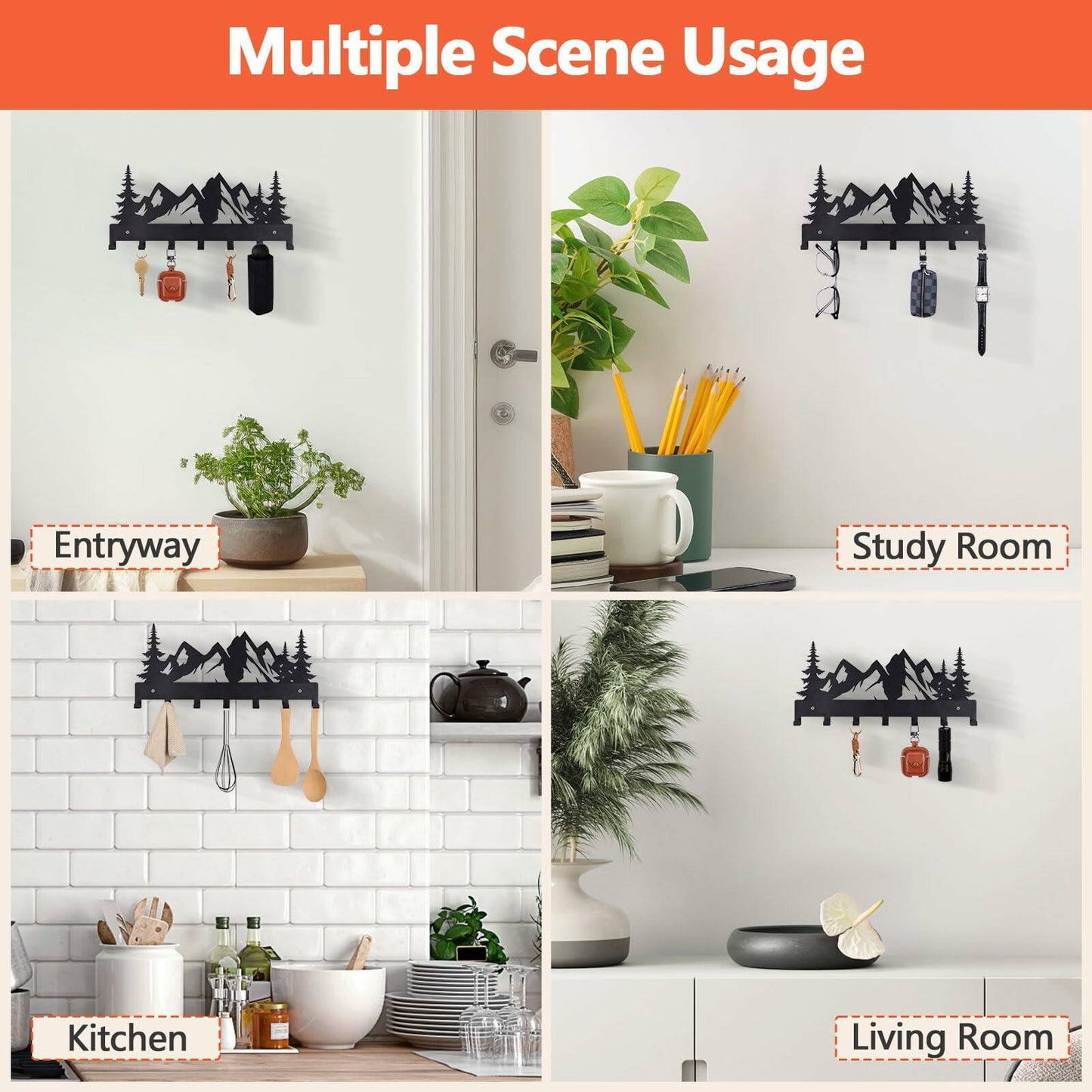 FIPUTE Metal Wall Key Holder with 7 Hooks Black Organizer Rack
